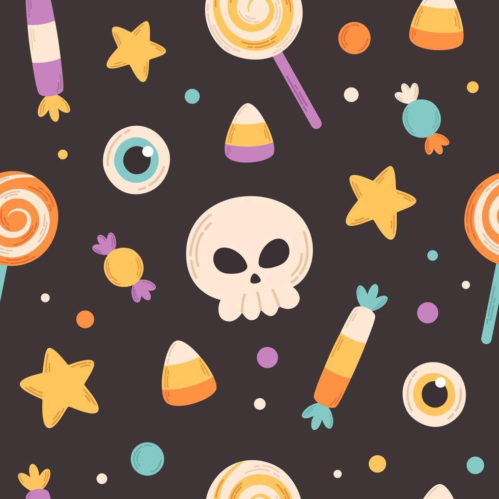 padrão sem emenda de doces e doces de halloween. elementos de feliz dia das bruxas. doçura ou travessura. textura plana, desenhada à mão para papel de parede, têxtil, tecido, papel vetor