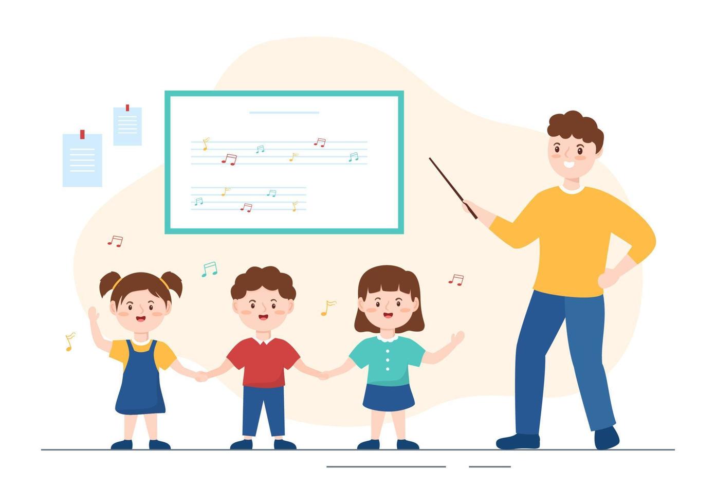 modelo de escola de música na mão desenhada ilustração plana dos desenhos animados tocando vários instrumentos musicais, aprendendo músicos e cantores de educação vetor
