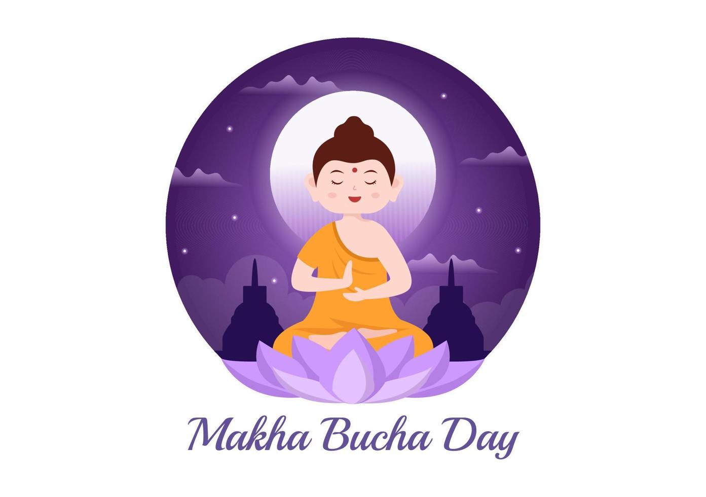 feliz makha bucha day template ilustração plana de desenho animado desenhado à mão buda sentado na flor de lótus sob a árvore bodhi à noite cercado por monge vetor