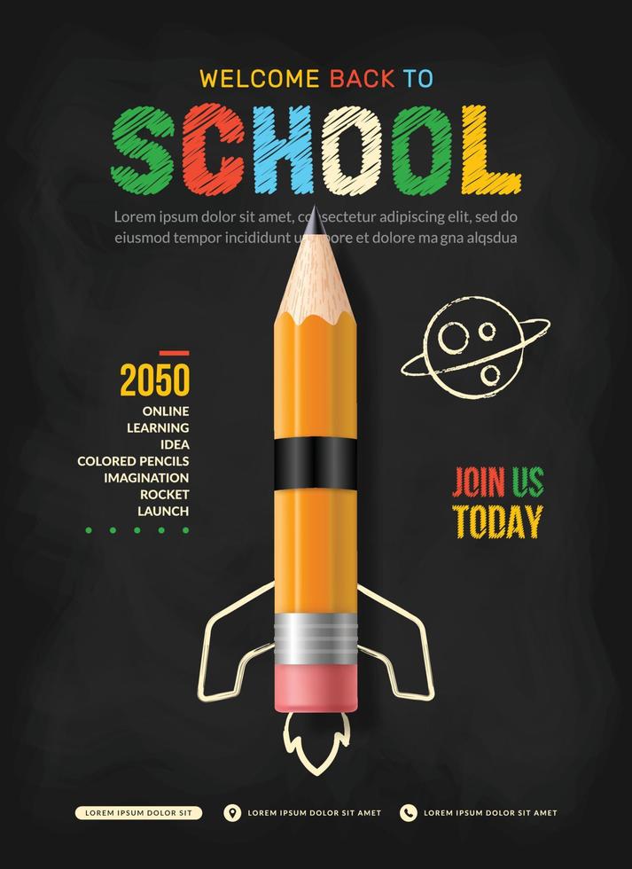 foguete de lápis lançando para o fundo do espaço. volta ao conceito de escola para cartaz de convite e banner, aprendizado on-line e modelo de página da web vetor