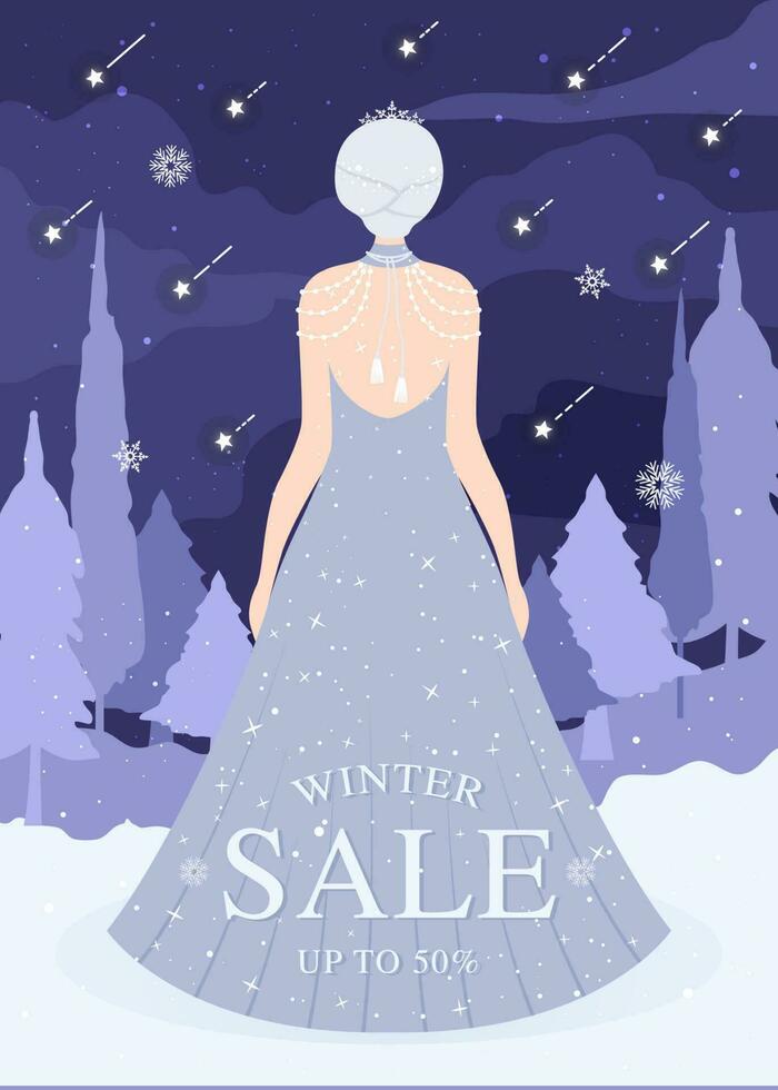 cartaz de venda de inverno com linda princesa da neve vetor