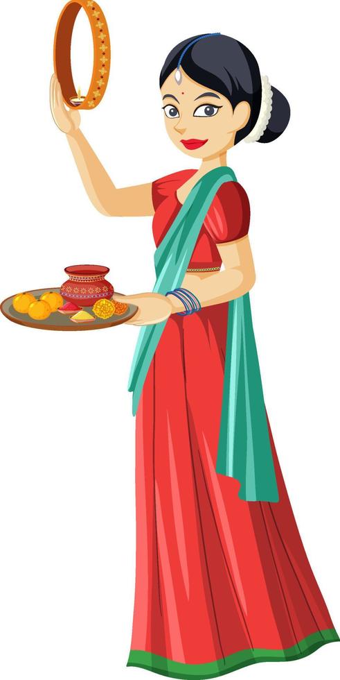 mulher indiana em roupas tradicionais no tema do festival karva chauth vetor