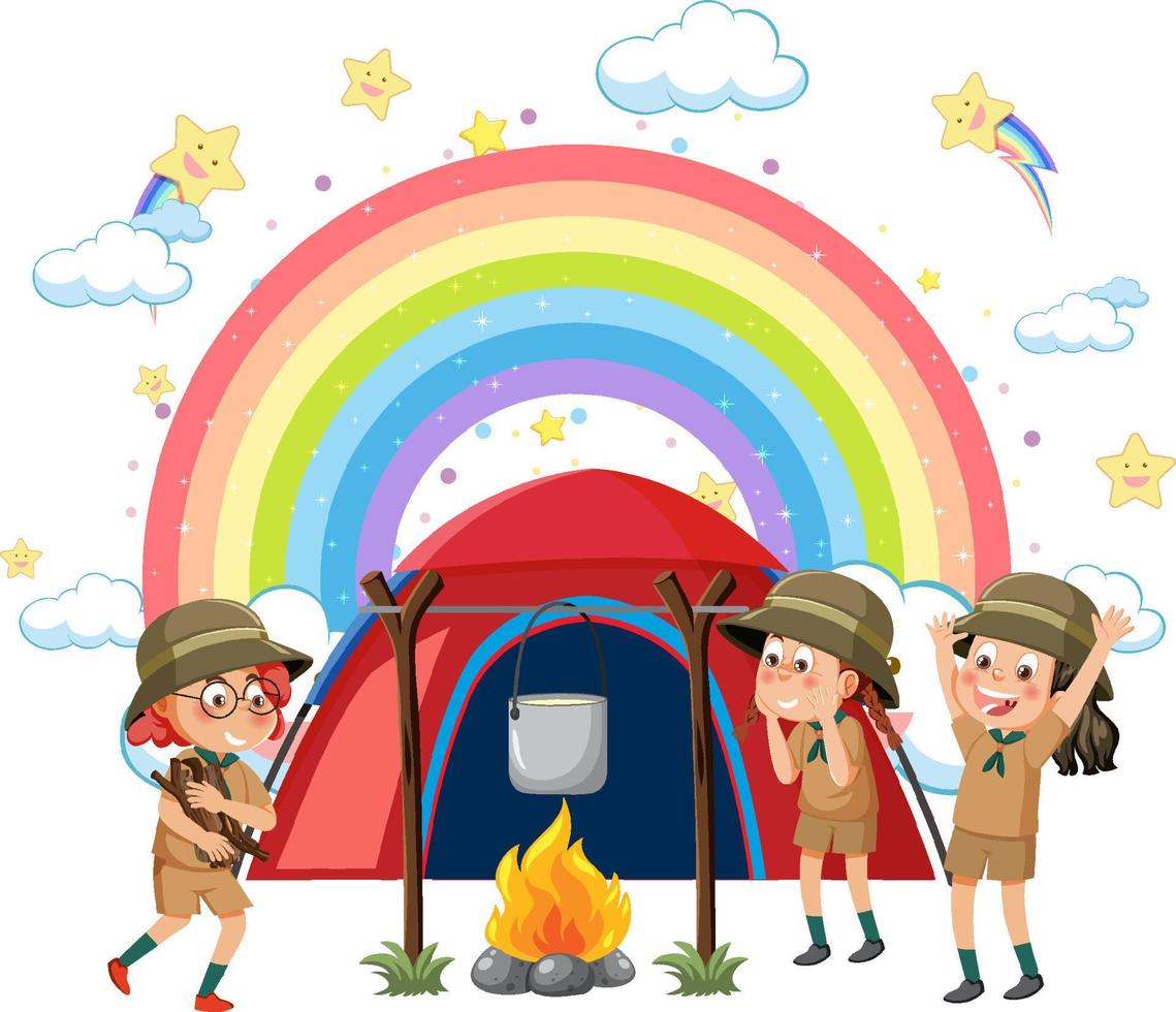 acampar crianças com arco-íris vetor