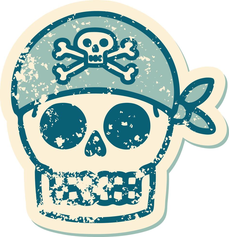 imagem icônica do estilo de tatuagem de adesivo angustiado de um crânio de pirata vetor