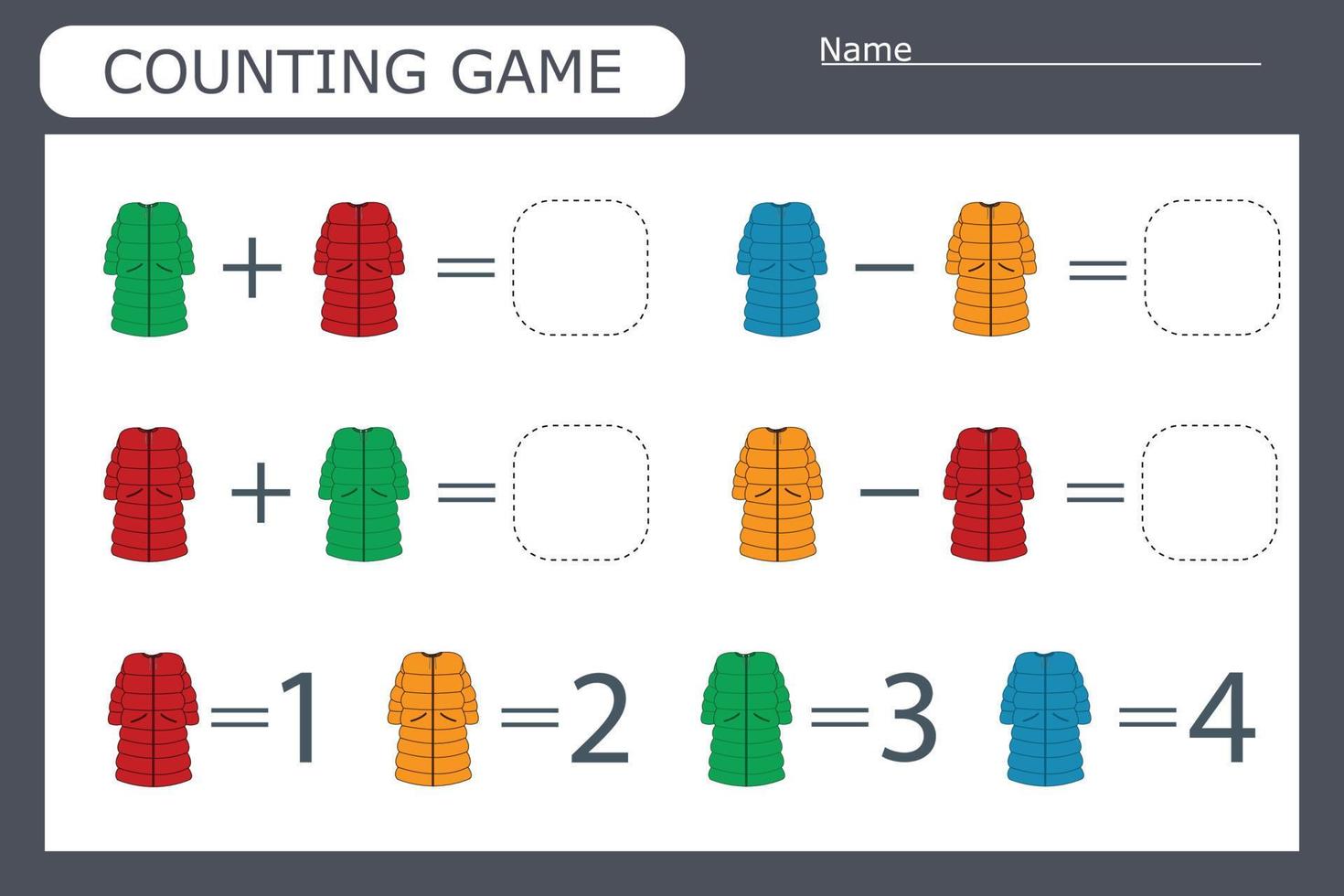 jogo de contagem para crianças pré-escolares. resolva o enigma com a ajuda de roupas infantis e resolva os exemplos vetor