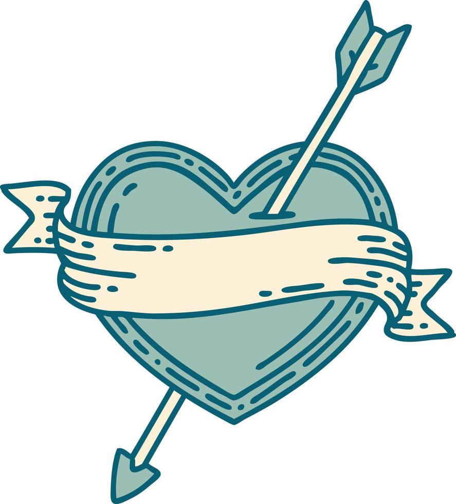 imagem de estilo de tatuagem icônica de um coração de seta e banner vetor