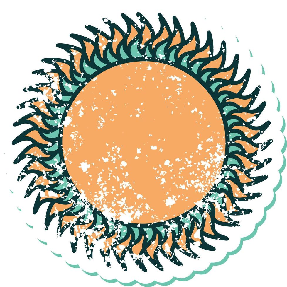 imagem icônica do estilo de tatuagem de adesivo angustiado de um sol vetor