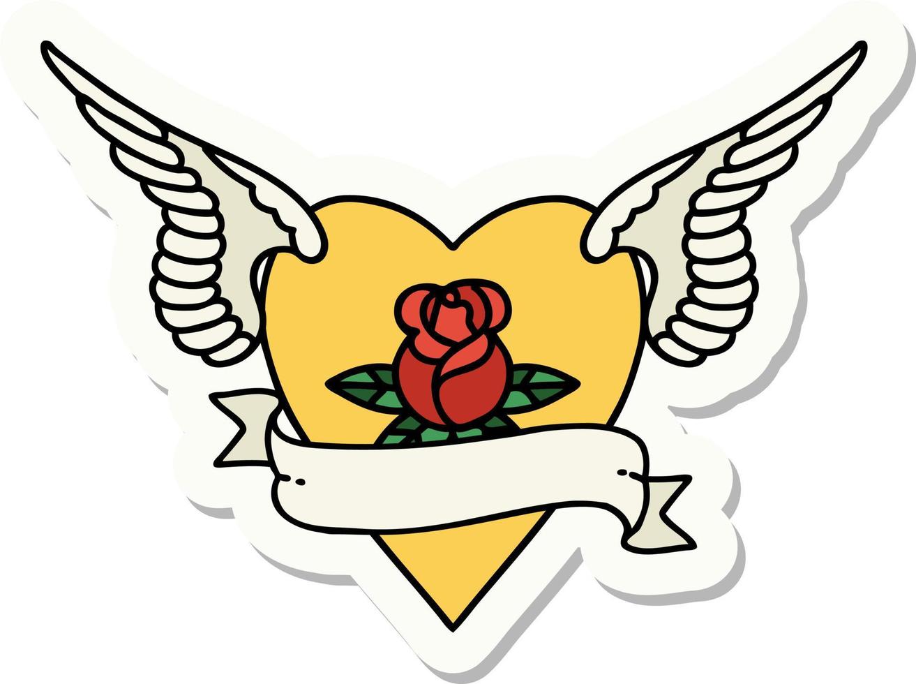 adesivo de tatuagem em estilo tradicional de coração com asas uma rosa e banner vetor