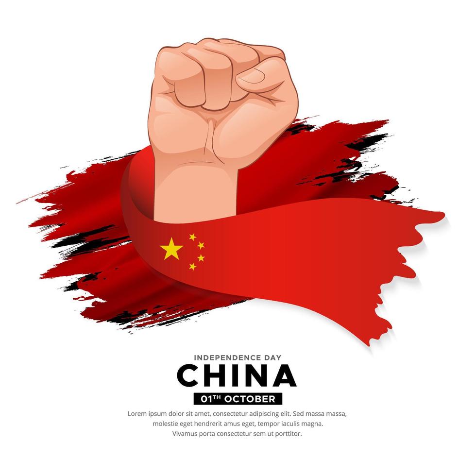 design do dia da independência da china com a mão segurando a bandeira. vetor de bandeira ondulada da china