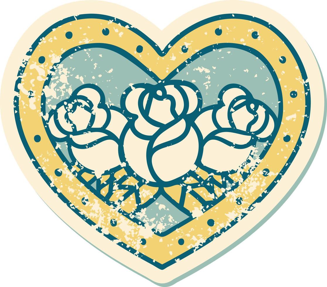imagem icônica do estilo de tatuagem de adesivo angustiado de um coração e flores vetor