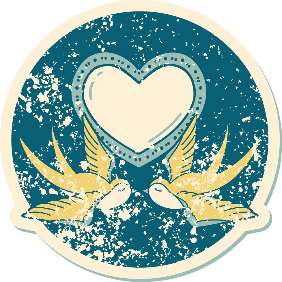 imagem de estilo de tatuagem de adesivo angustiado icônica de andorinhas e um coração vetor