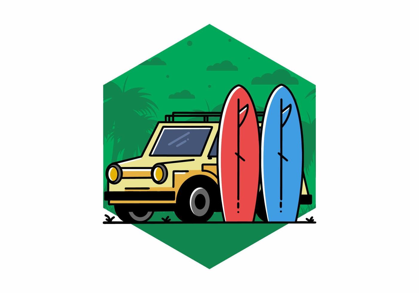 ilustração de carro pequeno e duas pranchas de surf vetor