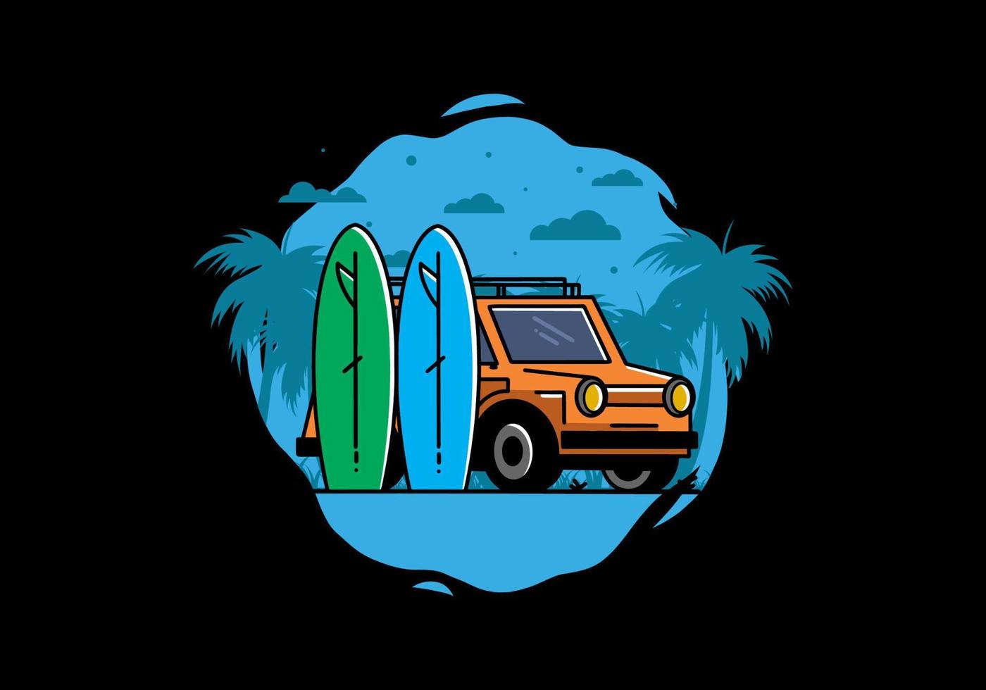 ilustração de carro pequeno e duas pranchas de surf vetor