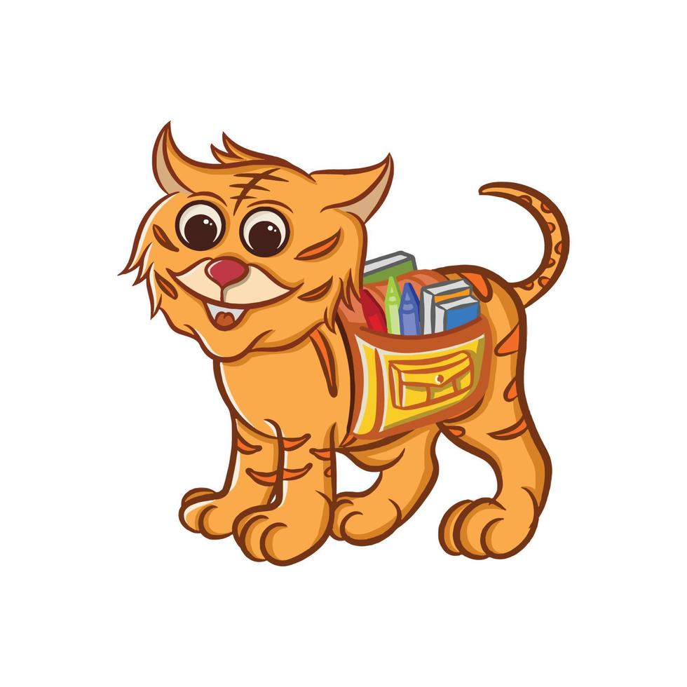 design de ilustração de desenho animado de tigre fofo carregando artigos de papelaria e livros vetor