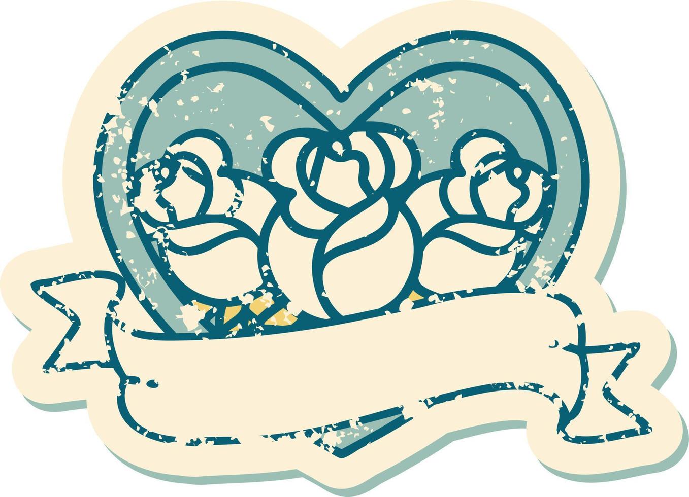 imagem icônica do estilo de tatuagem de adesivo angustiado de um coração e banner com flores vetor