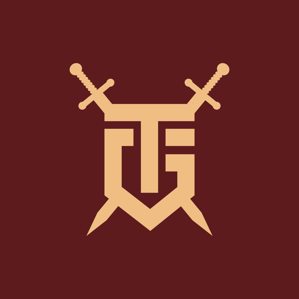carta de ícone de logotipo tg com escudo e duas espadas vetor de estoque