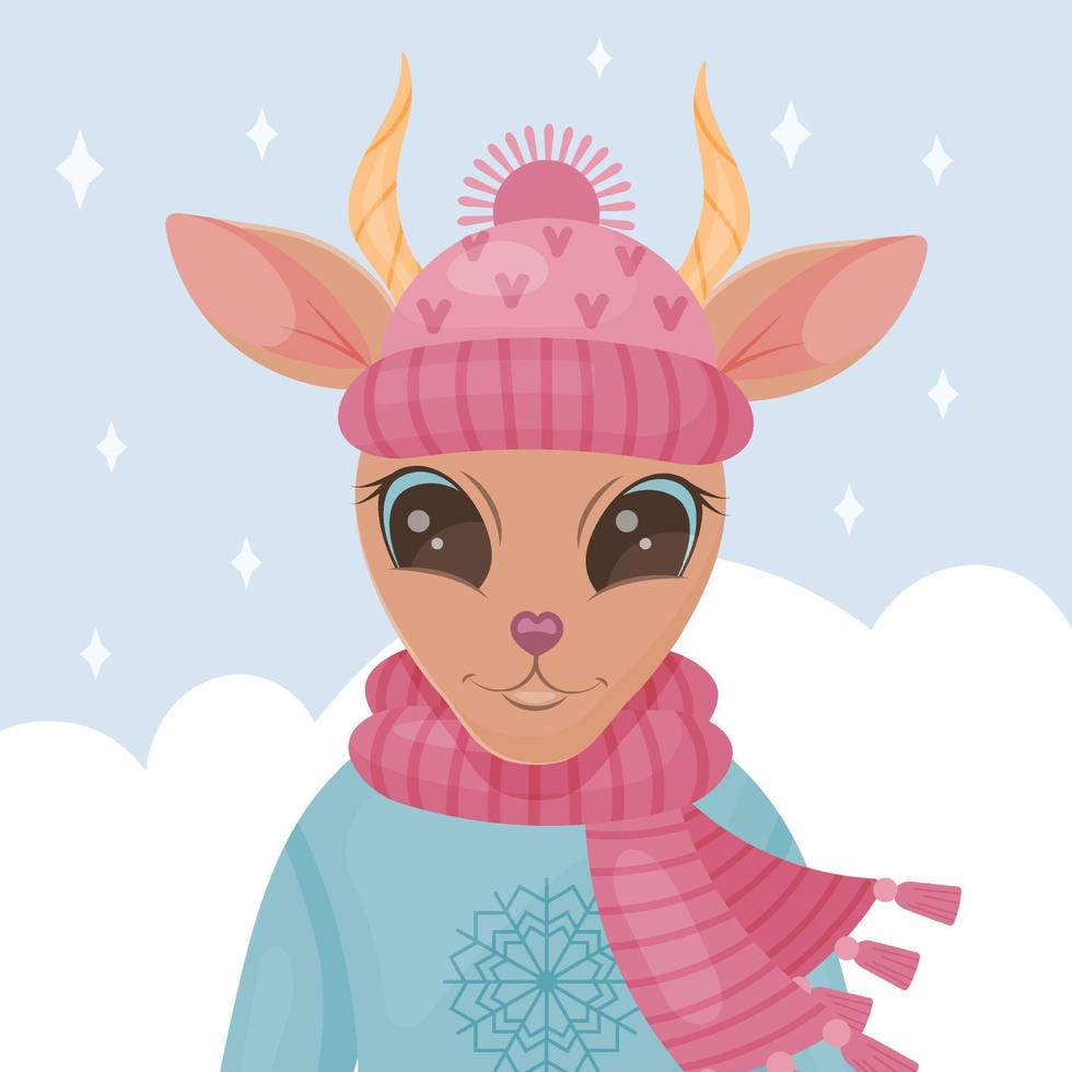 lindo antílope de natal com chapéu, suéter e cachecol. cartão postal de inverno. ilustração vetorial. estilo de desenho animado. vetor