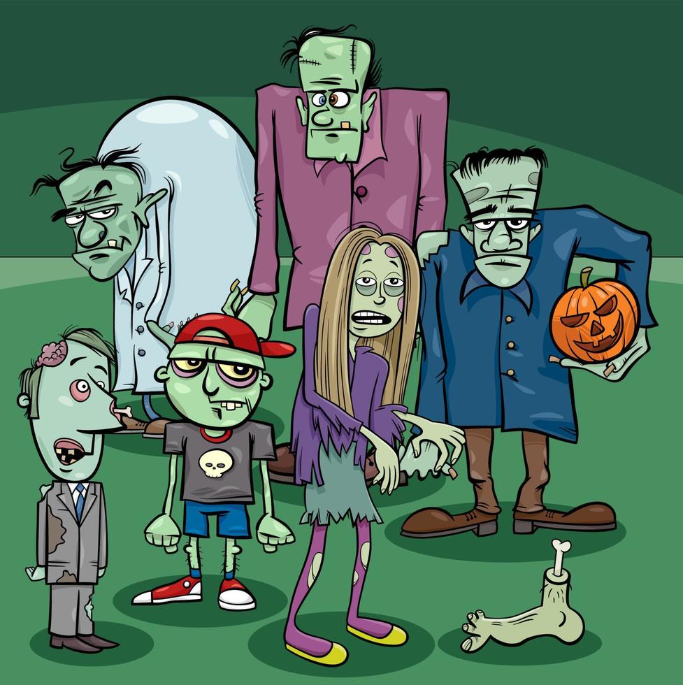 grupo de personagens de zumbis de desenho animado na hora do halloween vetor