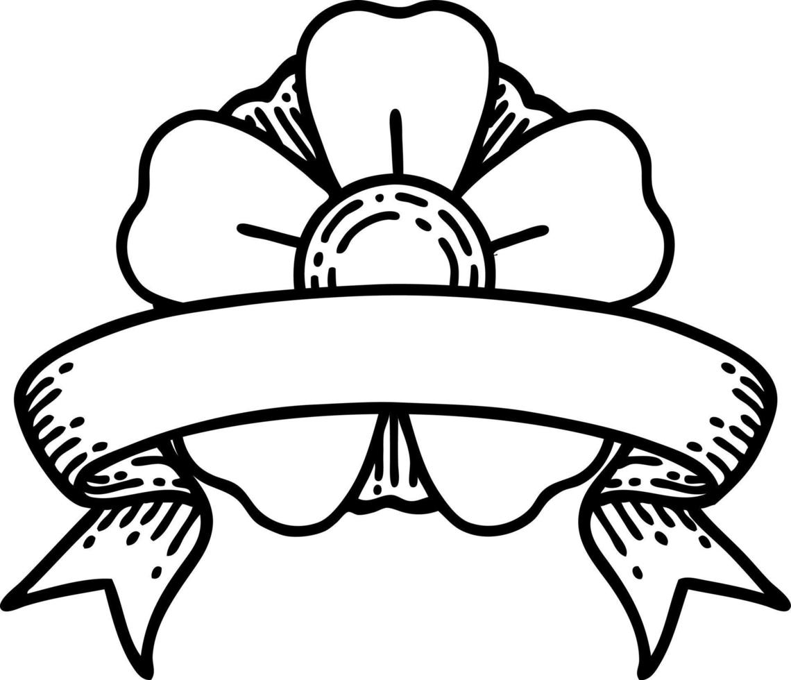 tatuagem de linha preta tradicional com banner de uma flor vetor