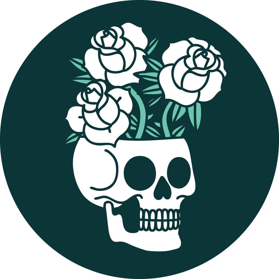 imagem de estilo de tatuagem icônica de uma caveira e rosas vetor