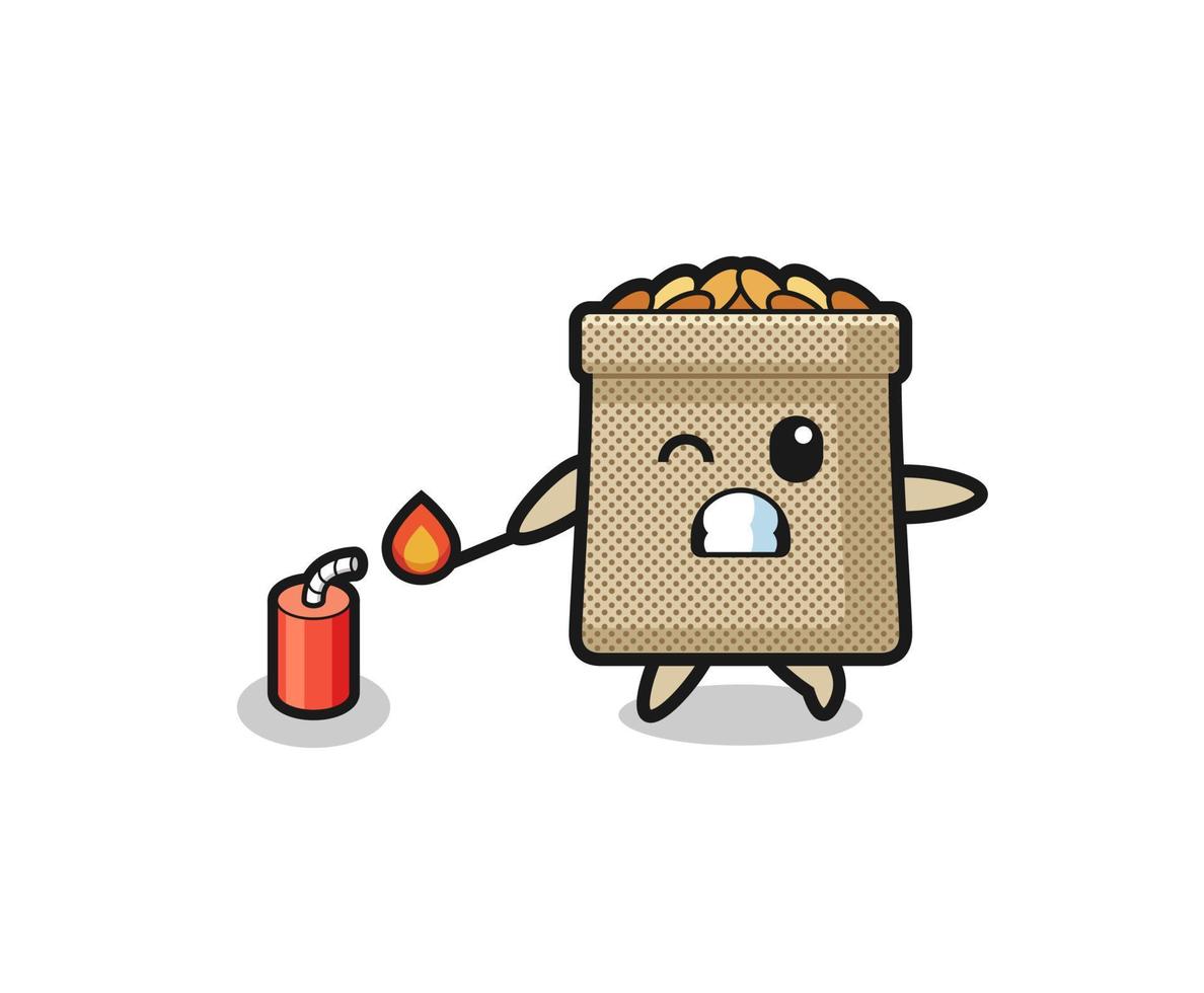 ilustração de mascote de saco de trigo jogando fogos de artifício vetor