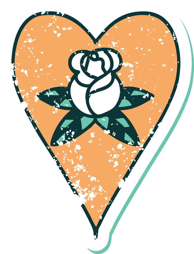 imagem icônica do estilo de tatuagem de adesivo angustiado de um coração e flores vetor