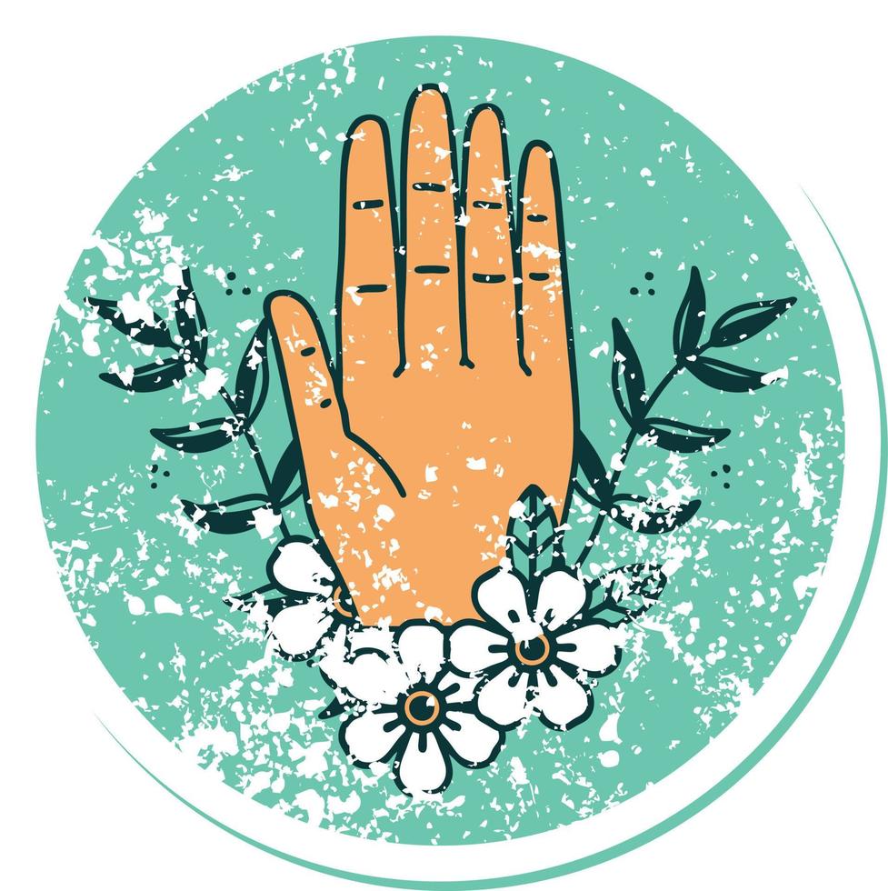 imagem icônica do estilo de tatuagem de adesivo angustiado de uma mão e flor vetor