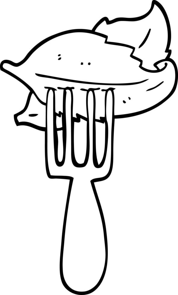 folhas de salada de desenhos animados preto e branco no garfo vetor