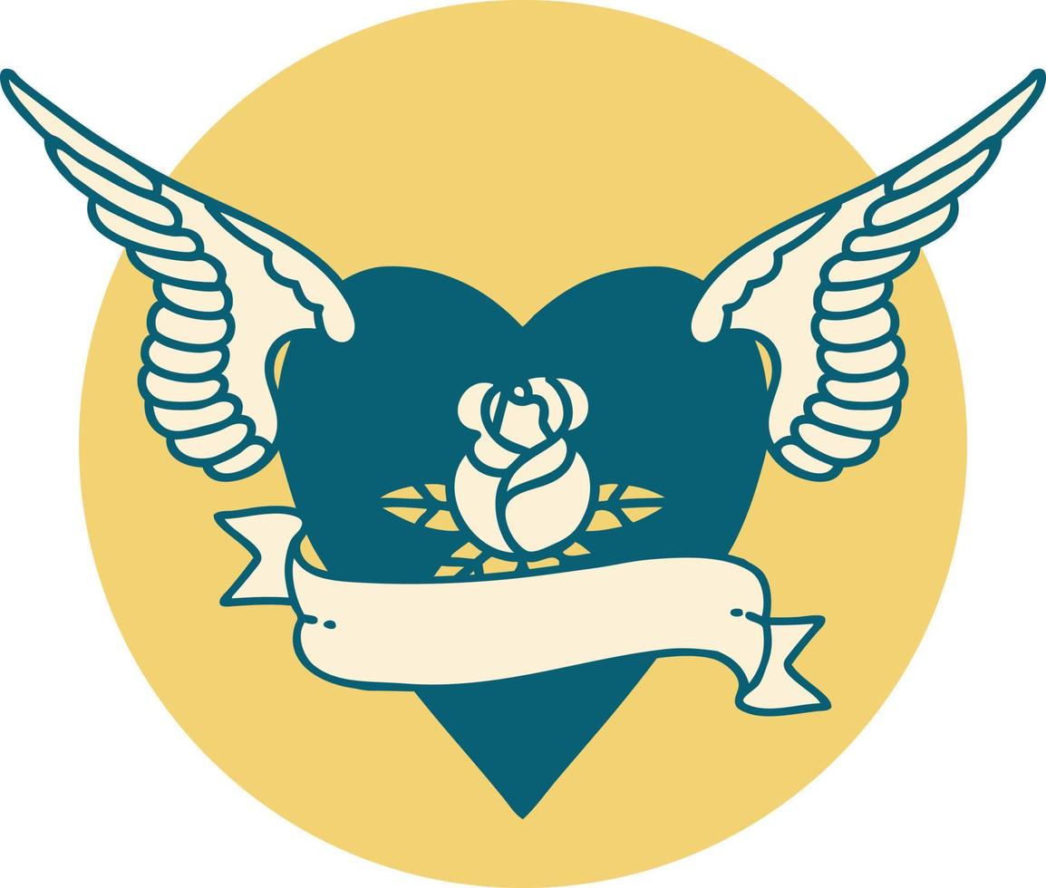 imagem de estilo de tatuagem icônica de coração com asas uma rosa e banner vetor