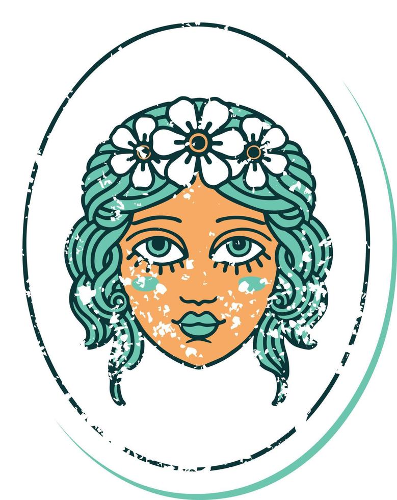 imagem icônica do estilo de tatuagem de adesivo angustiado de uma donzela com flores no cabelo vetor