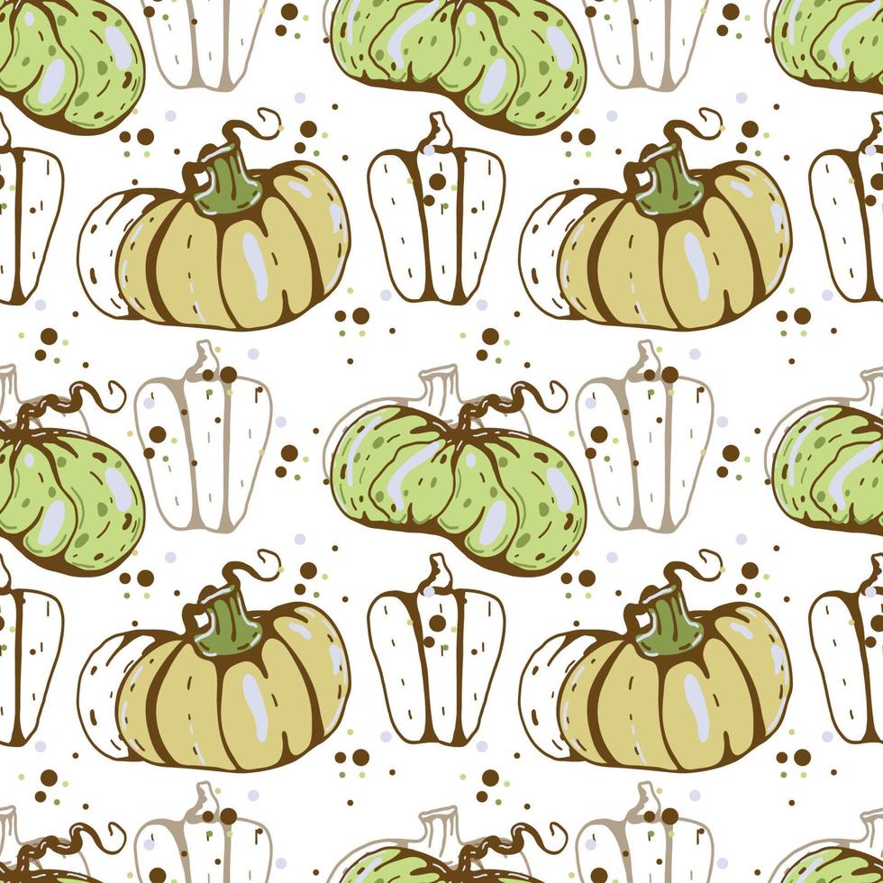 padrão de vetor sem costura outono com abóboras e folhas de outono. ilustração desenhada à mão.