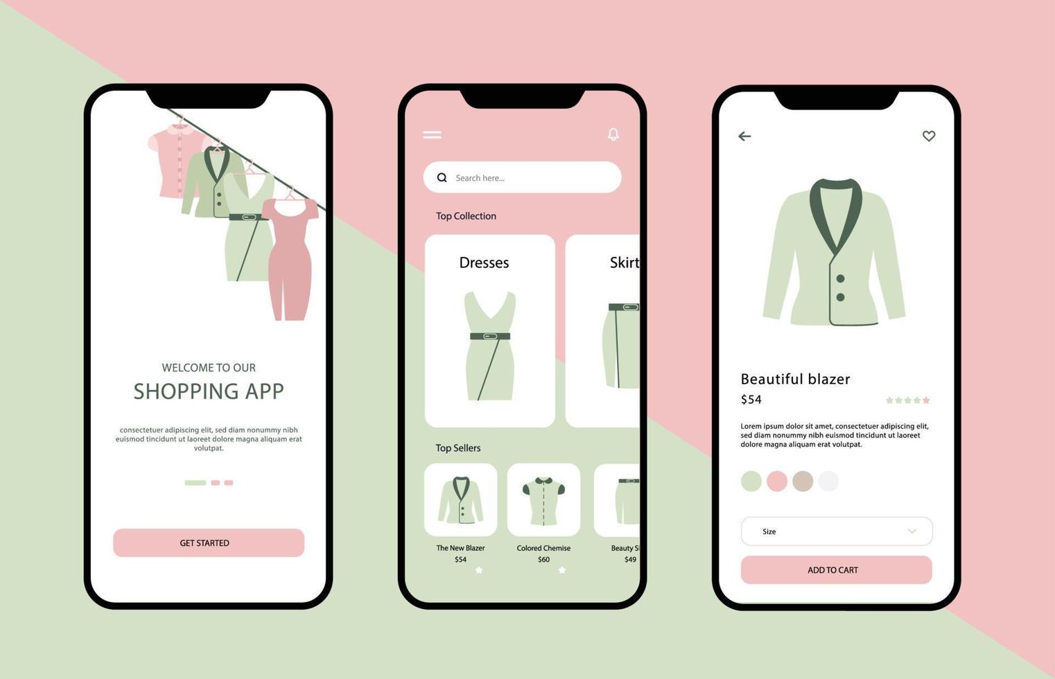 design de interface do usuário de aplicativo móvel moderno e profissional para compras on-line de comércio eletrônico da indústria da moda em fundo colorido vetor