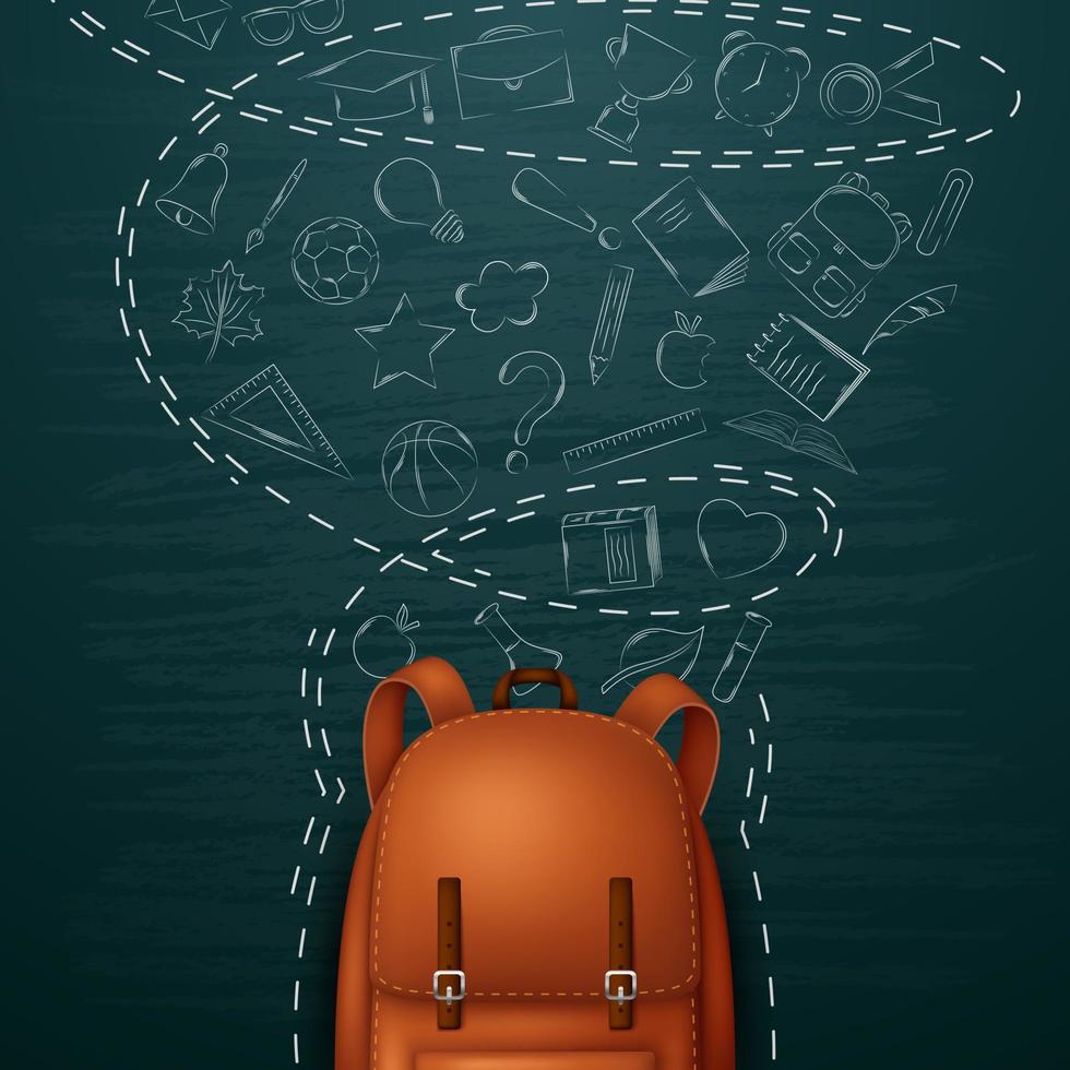 mochila e volta ao fundo da escola, com elementos de doodle na lousa vetor