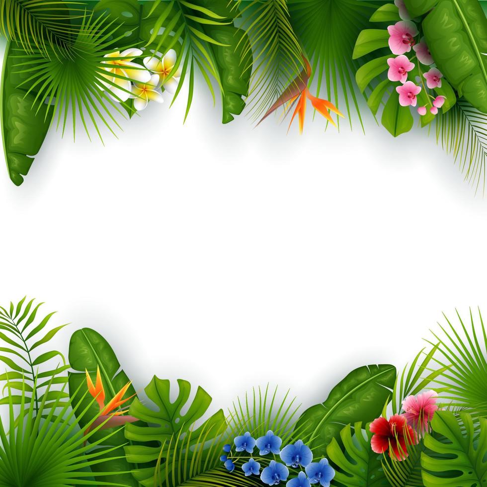verão verde com folhas e flores tropicais vetor
