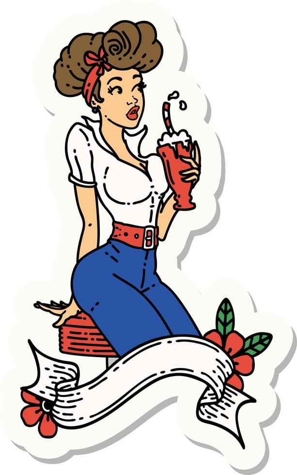 adesivo de tatuagem em estilo tradicional de uma garota pinup bebendo um milk-shake com banner vetor