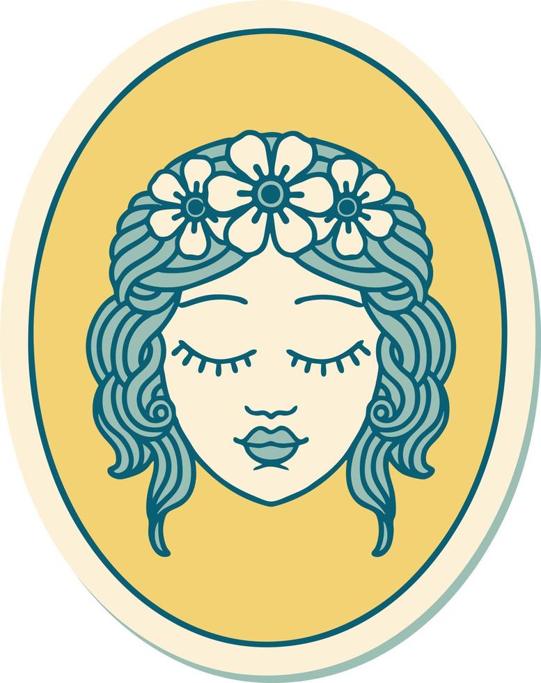 adesivo de tatuagem em estilo tradicional de uma donzela com os olhos fechados vetor