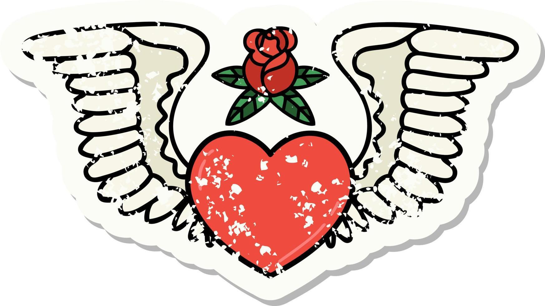 tatuagem de adesivo angustiado em estilo tradicional de um coração com asas vetor