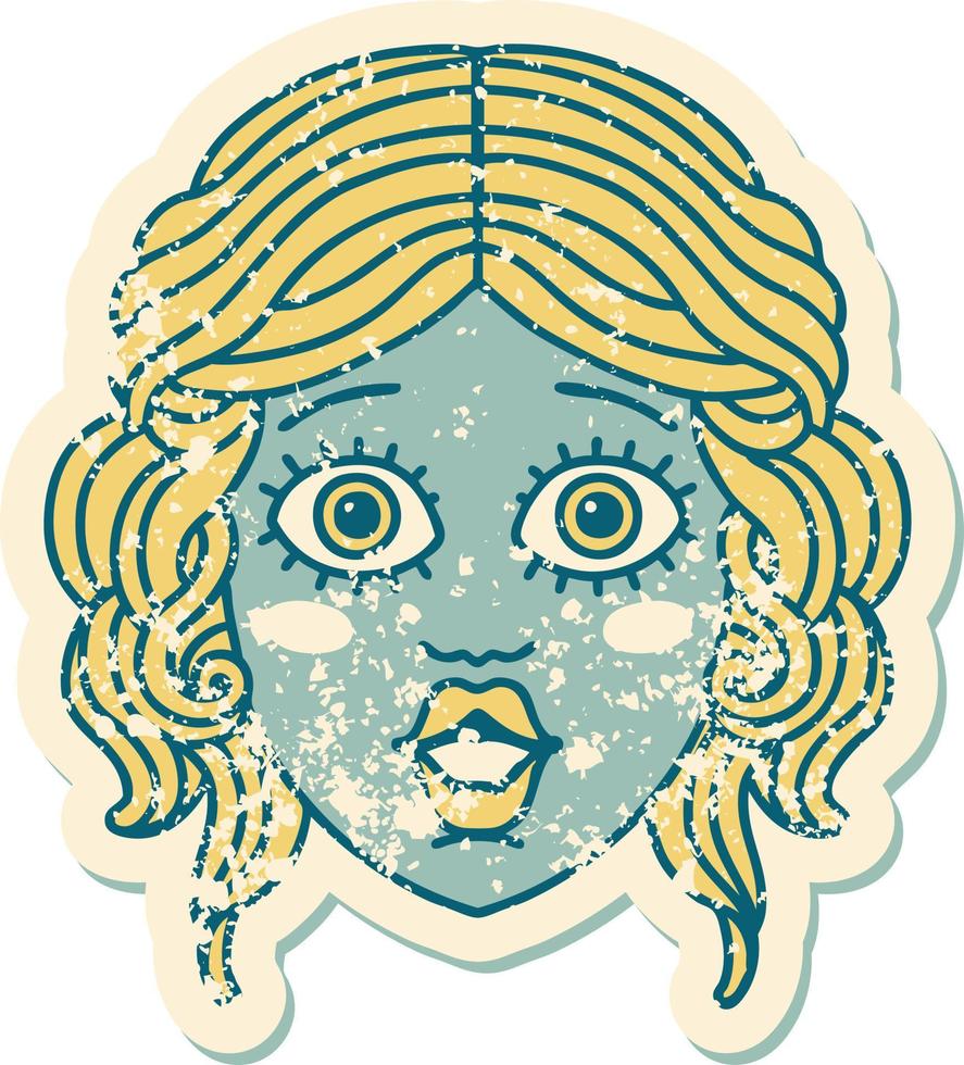 imagem icônica do estilo de tatuagem de adesivo angustiado do rosto feminino vetor