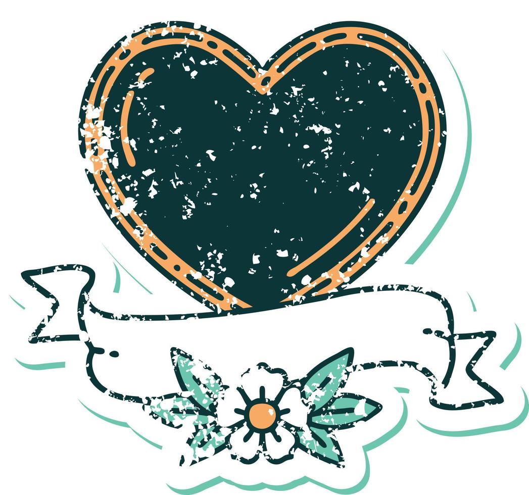 imagem icônica do estilo de tatuagem de adesivo angustiado de um coração e banner vetor