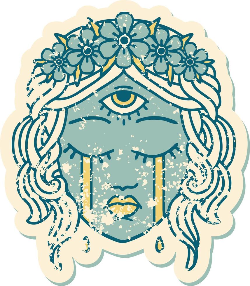 imagem icônica de estilo de tatuagem de adesivo angustiado de rosto feminino com terceiro olho místico chorando vetor