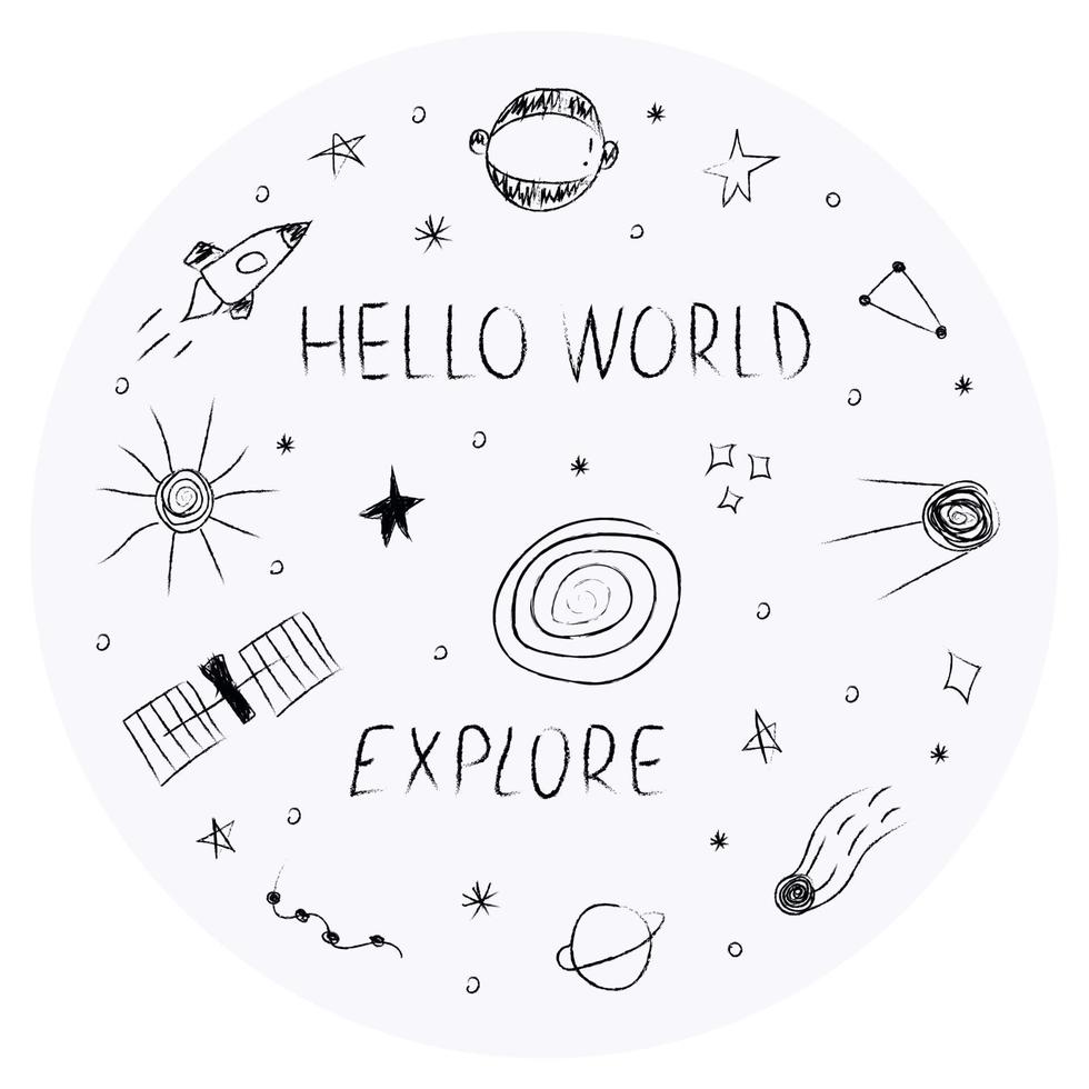 ilustração de cosmos doodle definido em estilo infantil em círculo, design clipart. elementos de espaço abstrato desenhados à mão com letras. Preto e branco. vetor