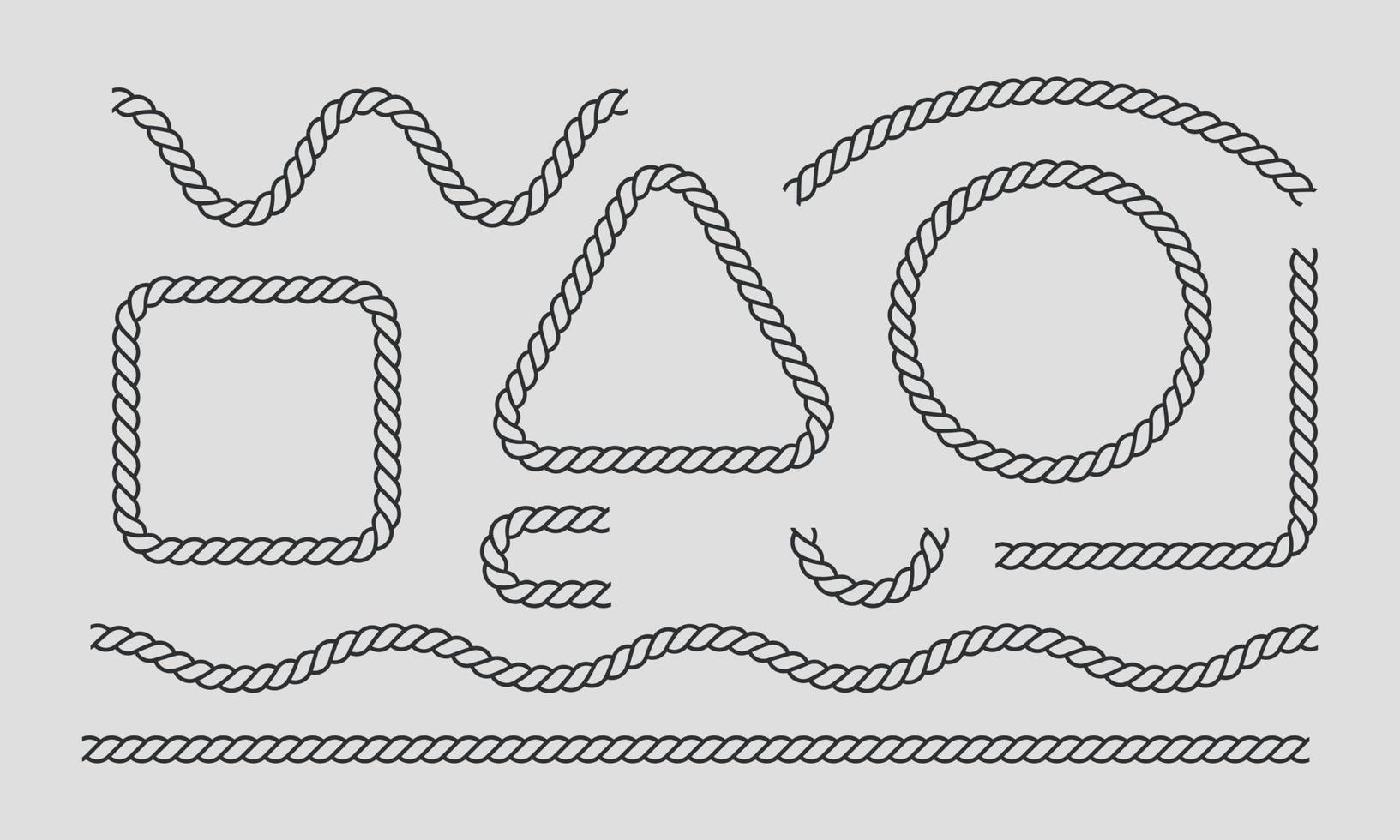 moldura de corda, conjunto de elementos decorativos de corda. conjunto de ícones de linha fina preta. tipos diferentes. ilustração vetorial vetor