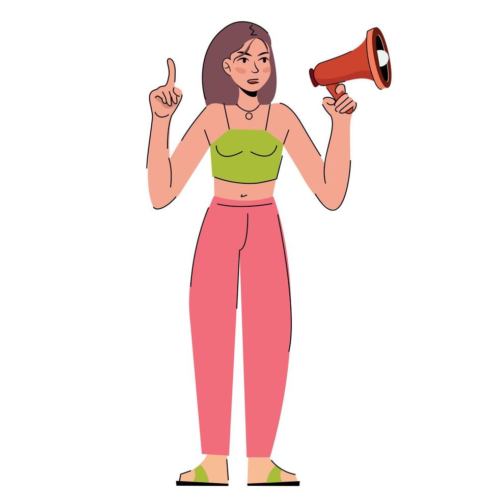 feminismo. poder feminino. mulher irritada com um protesto de megafone de alto-falante. garota em um comício. ilustração vetorial plana isolada no fundo branco. vetor