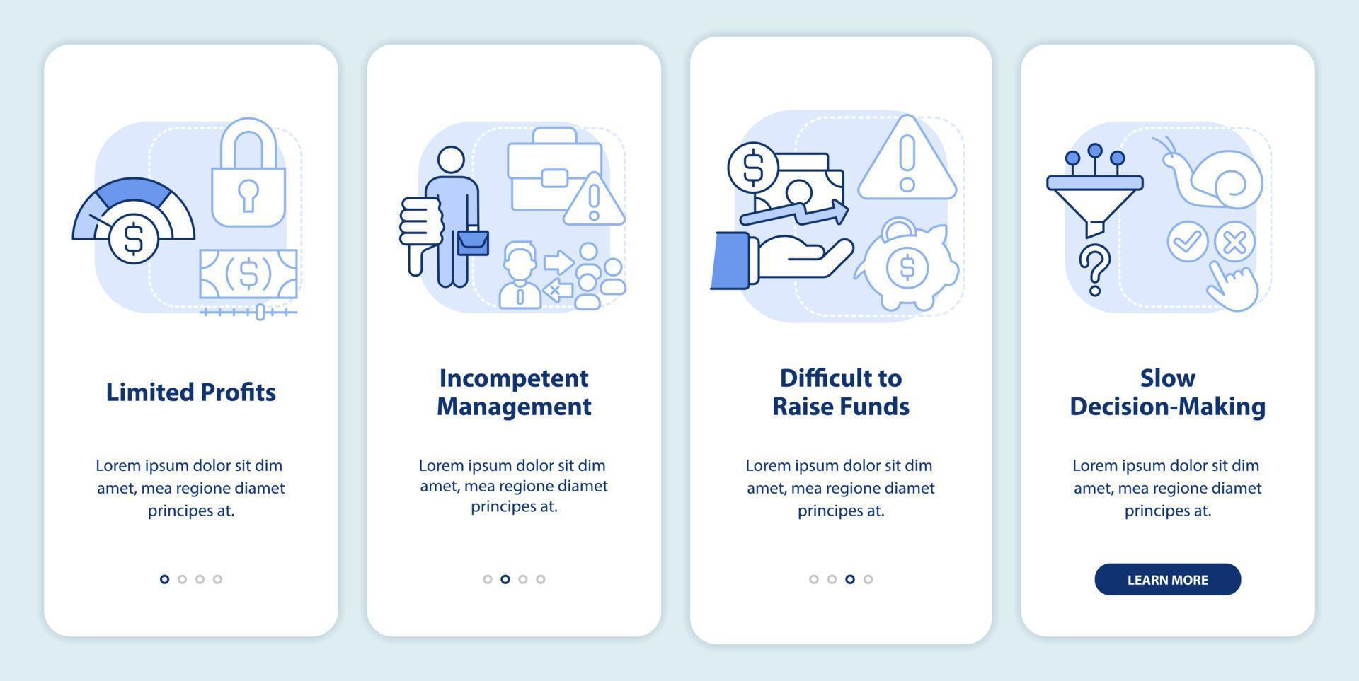 problemas da tela do aplicativo móvel de integração azul claro das cooperativas. parceria passo a passo 4 passos páginas de instruções gráficas com conceitos lineares. ui, ux, modelo de gui. vetor