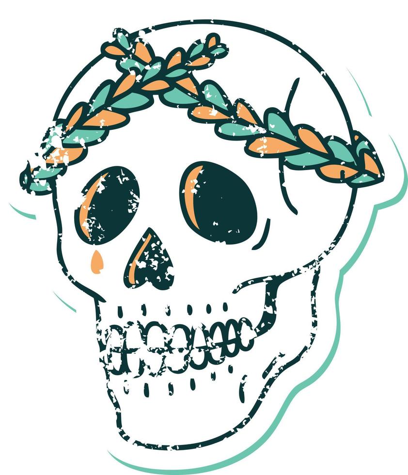 imagem icônica do estilo de tatuagem de adesivo angustiado de um crânio com coroa de louros vetor