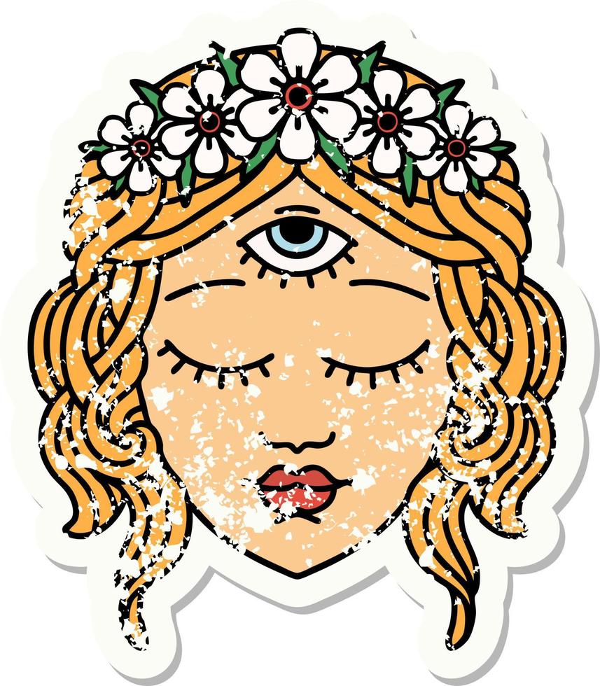 tatuagem de adesivo angustiado em estilo tradicional de rosto feminino com terceiro olho e coroa de flores vetor