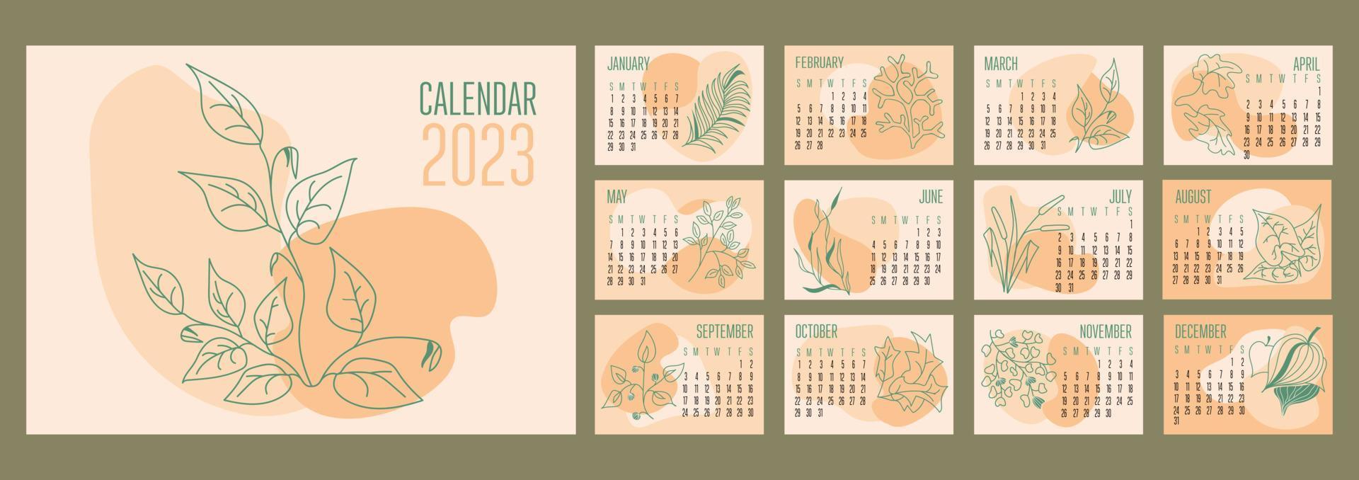 vetor calendário horizontal 2023 formas abstratas da moda com plantas botânicas desenhadas à mão. semana começa no domingo.