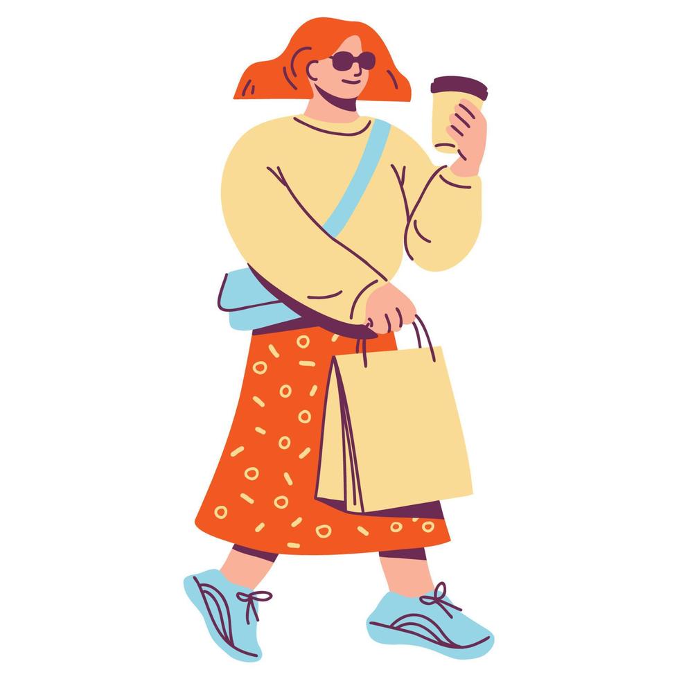 personagem feminina andando com café e sacolas de compras. estilo de vida urbano. ilustração vetorial plana desenhada à mão vetor