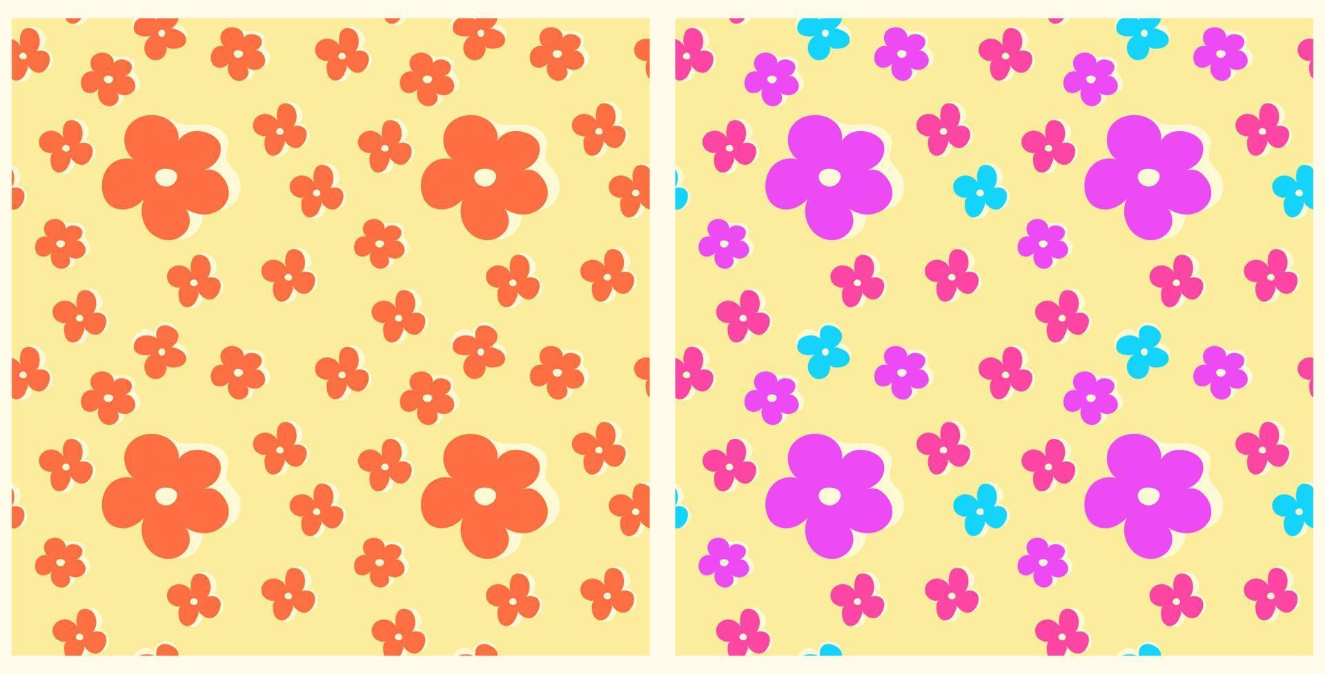 conjunto de padrões sem emenda com flores no estilo y2k. vetor sem costura com flores roxas e rosa coloridas e laranja no estilo 00e para impressão em tecido ou papel.