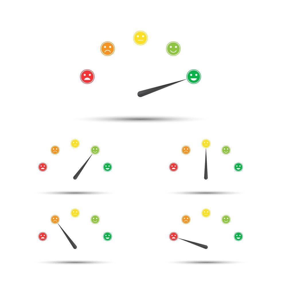 ilustração vetorial do medidor de satisfação do cliente de classificação, cores diferentes de vermelho a verde com sorrisos coloridos, tacômetros simples, velocímetros e indicadores com emoticons vetor